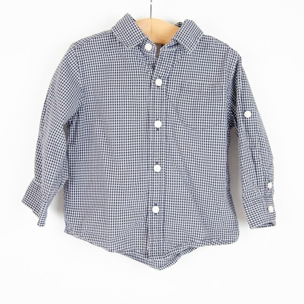 Janie and Jack Button Up Shirt Kids 12-18 Months Navy Gingham Plaid Long Sleeve